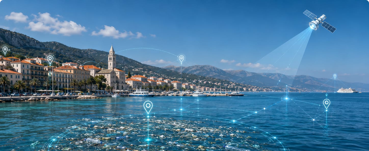 Coastal town with floating marine litter monitored by satellite intelligence