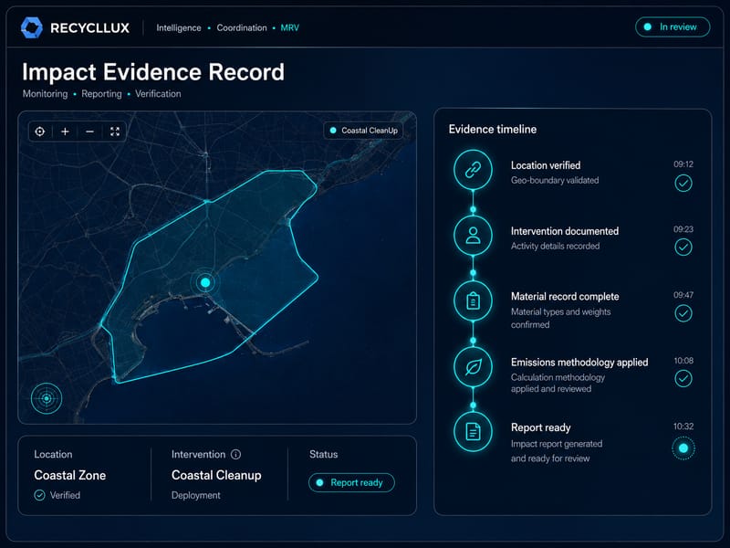 Dark coastal map with a verified intervention polygon