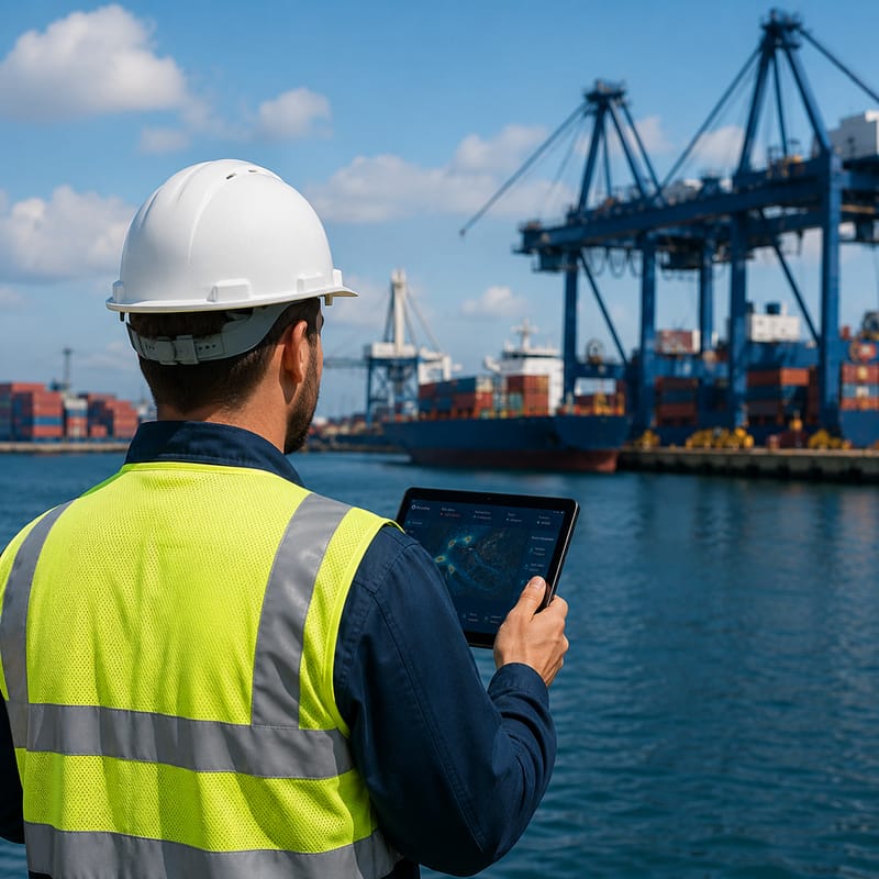 Port worker in hi-vis vest reviewing a coastal risk dashboard on a tablet at a container terminal