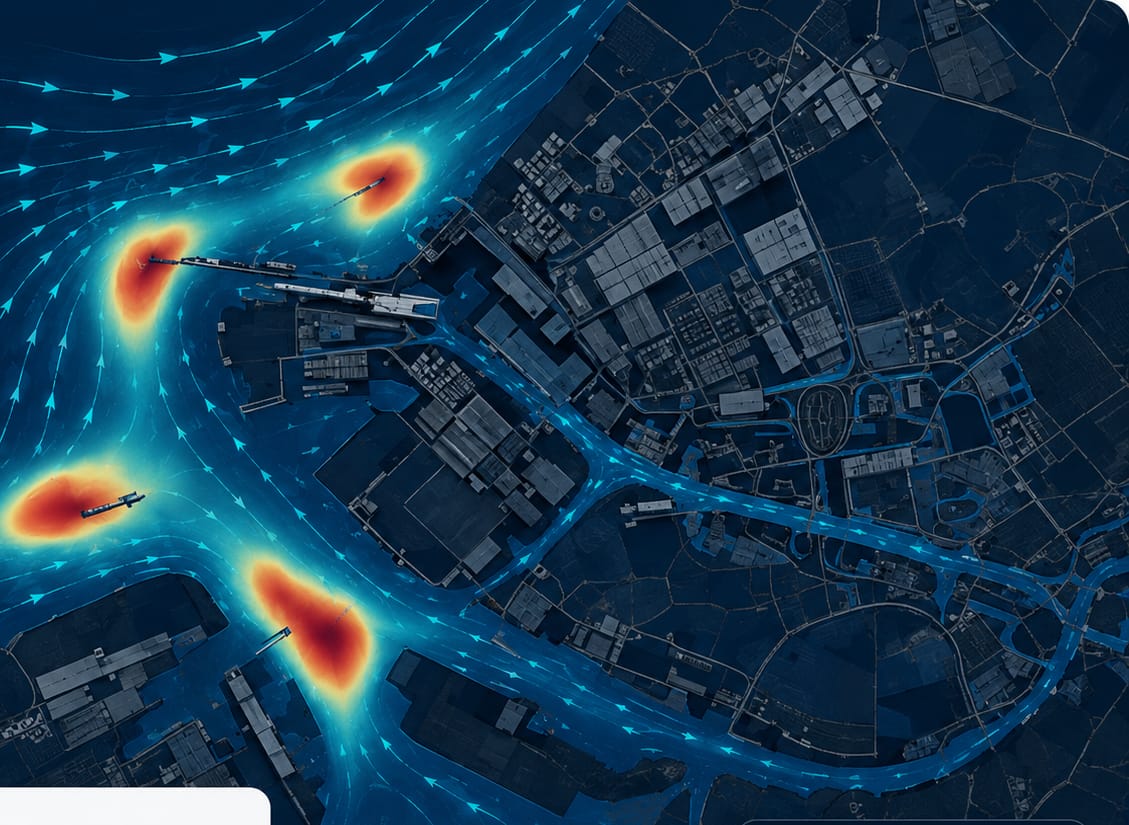 Satellite view of a port with pollution density heat map and current flow arrows