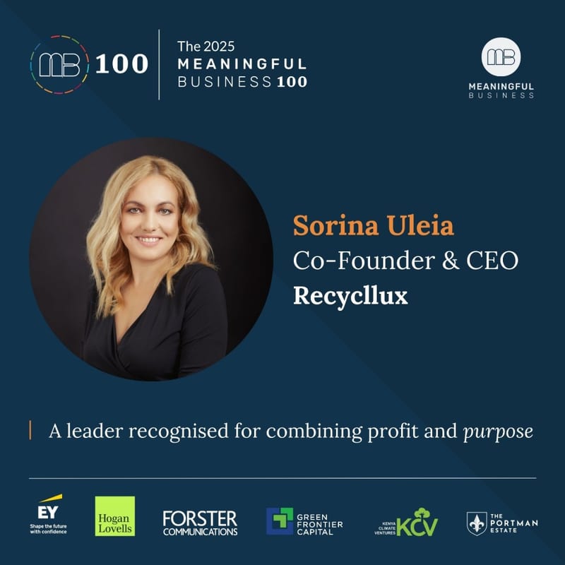 Meaningful Business 100 card with a portrait of Sorina Uleia, Co-Founder and CEO of Recycllux, and sponsor logos