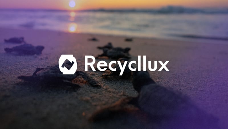 Recycllux logo over a sunset beach with baby sea turtles crawling across the sand toward the sea
