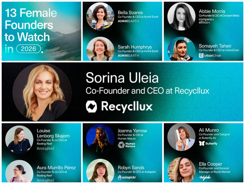 Blue Earth 13 Female Founders to Watch in 2026 collage featuring Sorina Uleia, Co-Founder and CEO at Recycllux