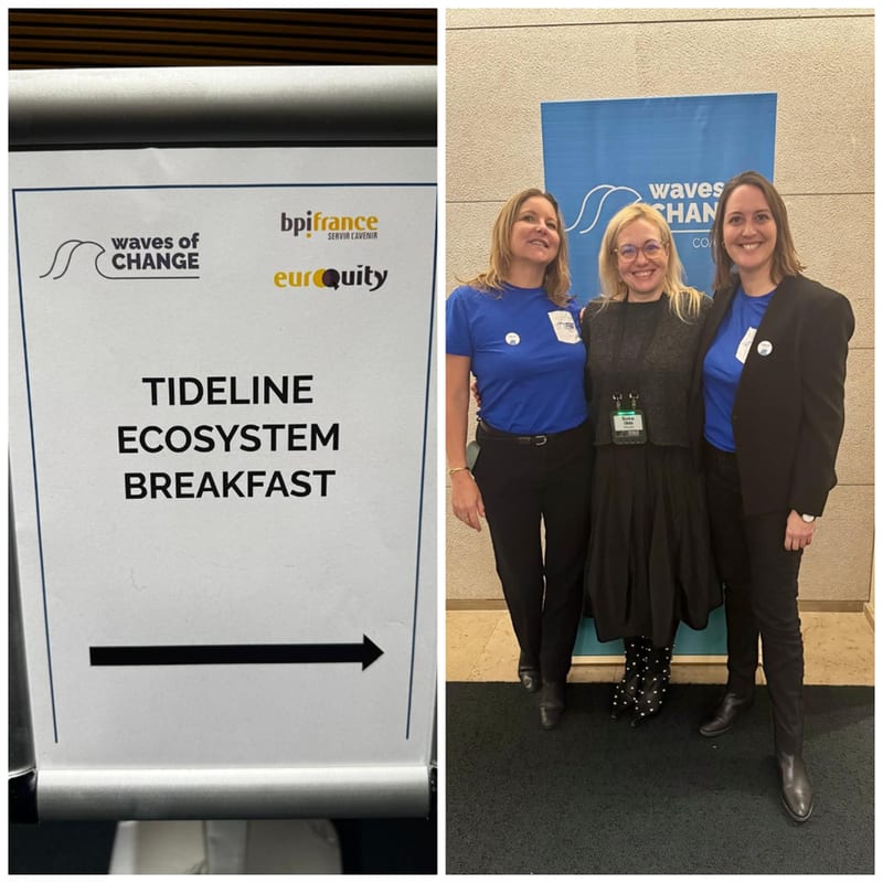 Tideline Ecosystem Breakfast sign and three women posing before a Waves of Change banner in Paris