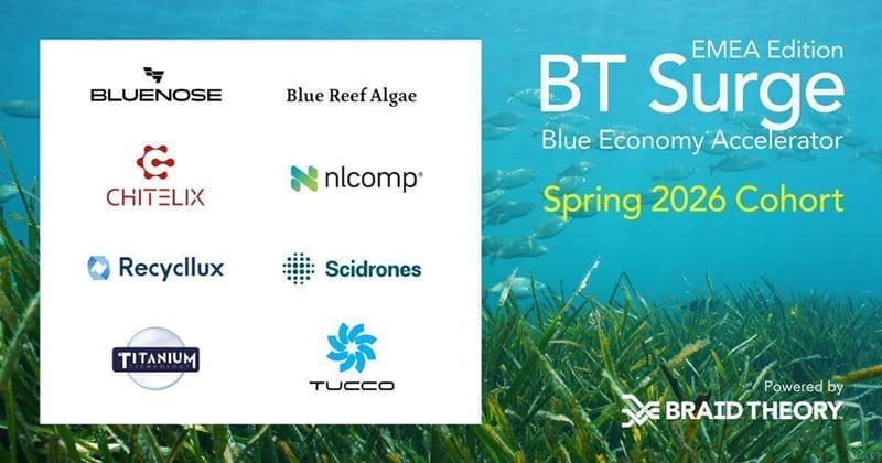 BT Surge Blue Economy Accelerator Spring 2026 Cohort announcement showing Recycllux among eight startup logos over seagrass