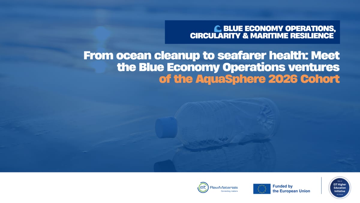 AquaSphere 2026 Cohort banner reading Meet the Blue Economy Operations ventures over a plastic bottle on the shore